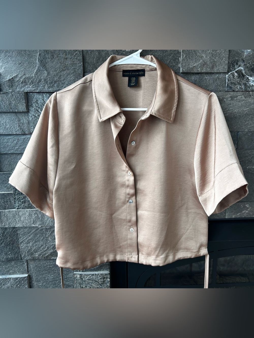 House of Harlow 1960 Tan Satin Cropped Button-Down